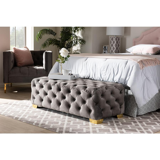 Baxton Studio Avara Glam and Luxe Gray Velvet Fabric Upholstered Gold Finished Button Tufted Bench Ottoman