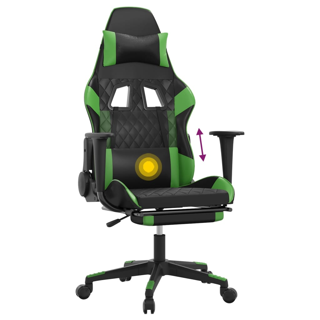 vidaXL Massage Gaming Chair with Footrest Black&Green Faux Leather