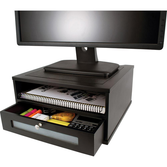 Victor 1175-5 Midnight Black Monitor Riser - Flat Panel Display Type Supported - 1 x Shelf(ves)13.4" Width x 13.4" Depth - Desktop - Matte Black - Faux Leather, Wood, Glass, Metal - Black