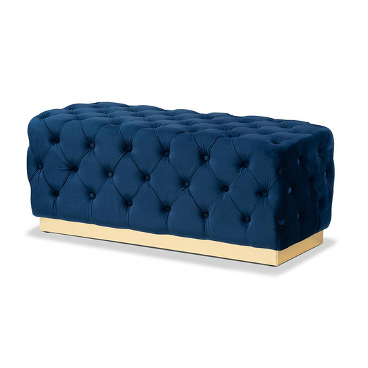 Navy Blue Velvet Fabric Upholstered and Gold PU Leather Ottoman