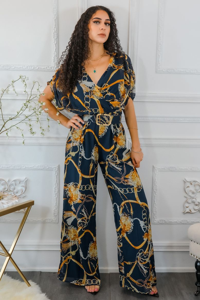 Printed Chains Belted Palazzo Jumpsuit