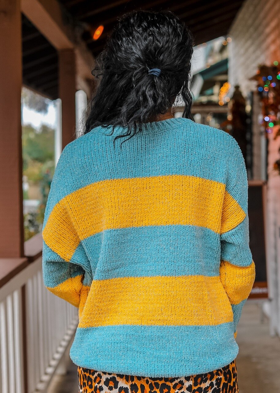 Down The Block Long Sleeve Colorblock Striped Lurex Sweater