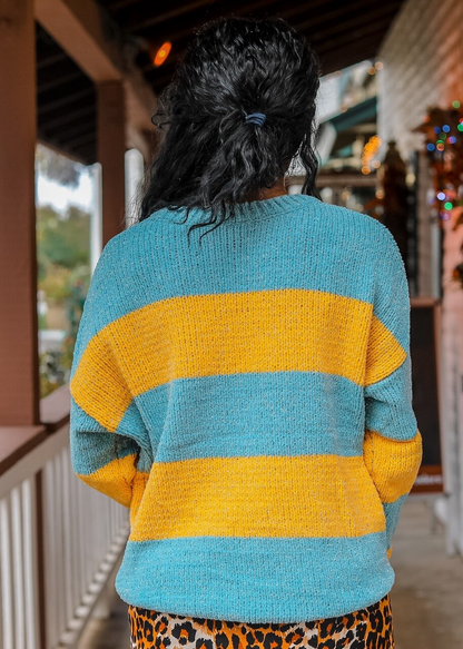 Down The Block Long Sleeve Colorblock Striped Lurex Sweater