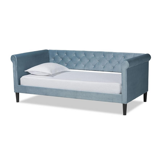 Baxton Studio Cora Modern and Contemporary Light Blue Velvet Fabric Upholstered and Dark Brown Finished Wood Full Size Daybed