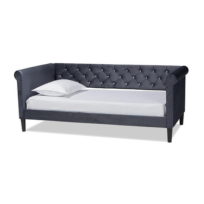 Baxton Studio Cora Modern and Contemporary Grey Velvet Fabric Upholstered and Dark Brown Finished Wood Full Size Daybed