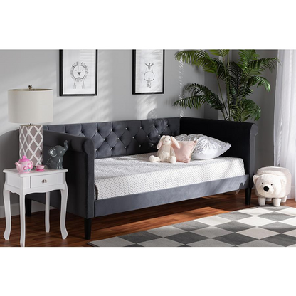 Baxton Studio Cora Modern and Contemporary Grey Velvet Fabric Upholstered and Dark Brown Finished Wood Full Size Daybed