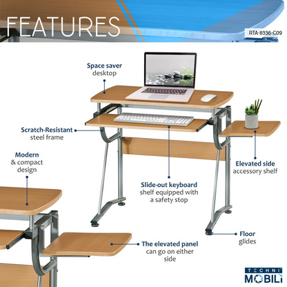 Compact Computer Desk With Side Shelf And Keyboard Panel. Color: Cherry