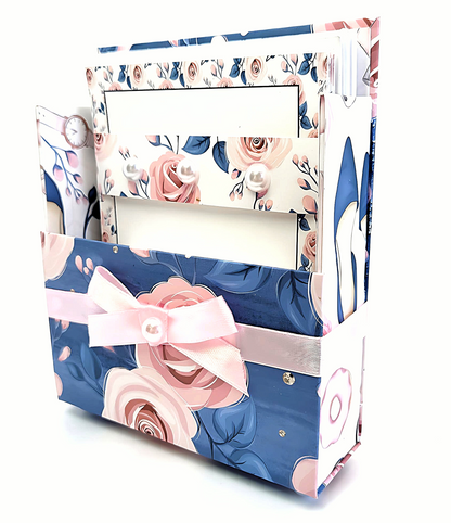 42-Pc Stationery Gift Box Set w/Reusable Desktop Organizer Box and Gold Pen - Pink & Blue Floral Roses