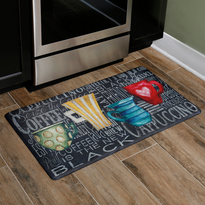 Oversized 20"x36" Feel at Ease Anti-Fatigue Kitchen Mat (Coffee Cups Chalk)