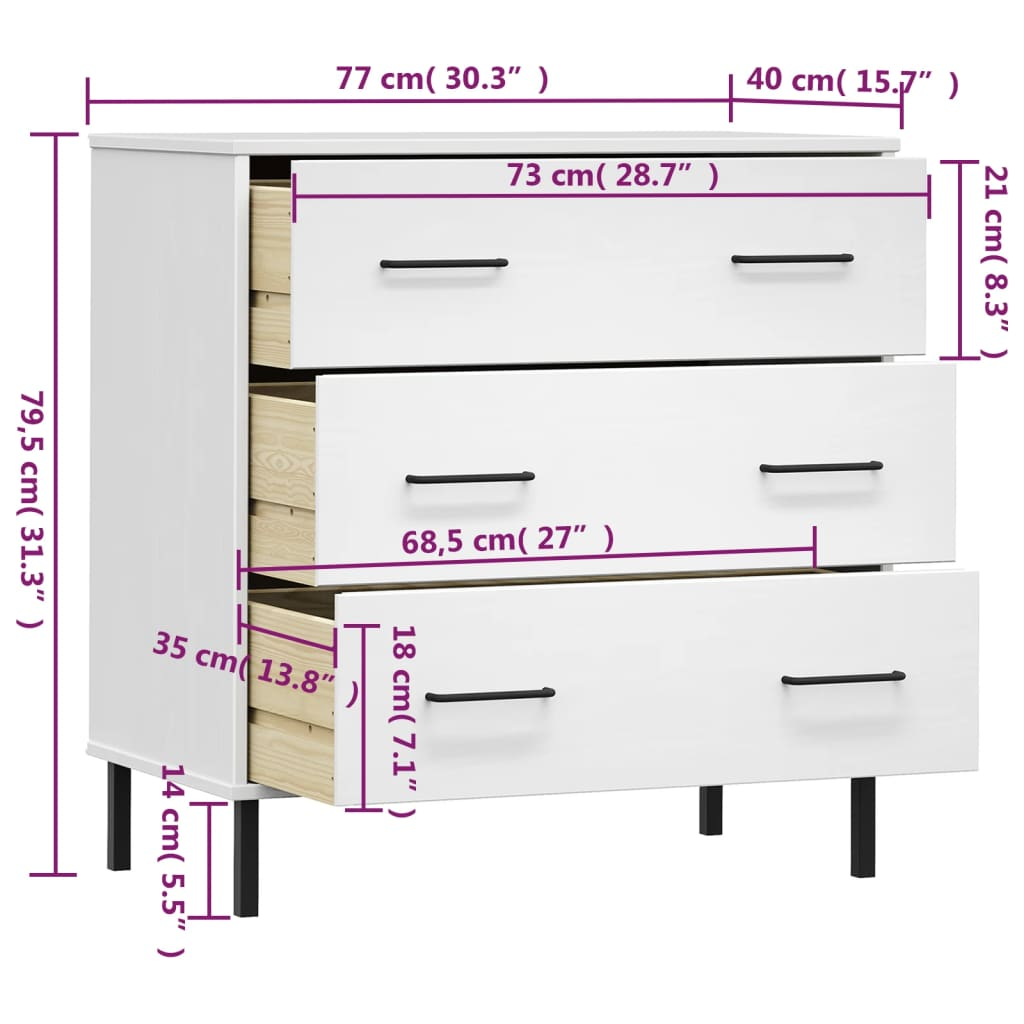 vidaXL Sideboard with 3 Drawers White 30.3"x15.7"x31.3" Solid Wood OSLO