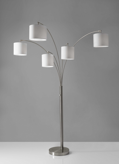 Five Light Floor Lamp Brushed Steel Arc Arms And Petite White Drum Shades