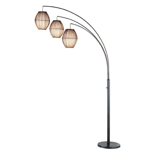 Three Light Arc Lamp In Bronze Metal With Brown Cane Barrel Shape Lanterns