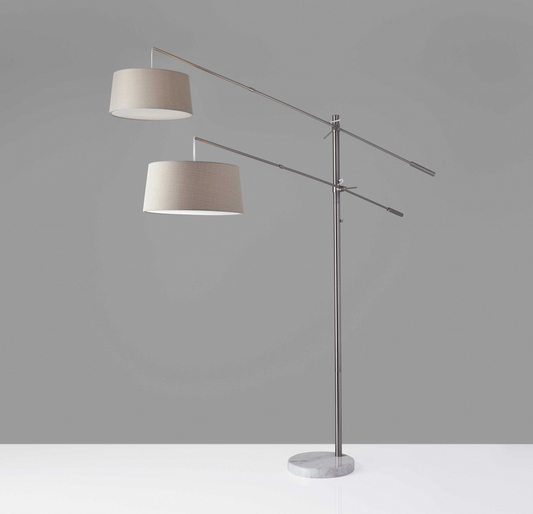 Two Light Adjustable Long Arm Floor Lamp In Brushed Steel