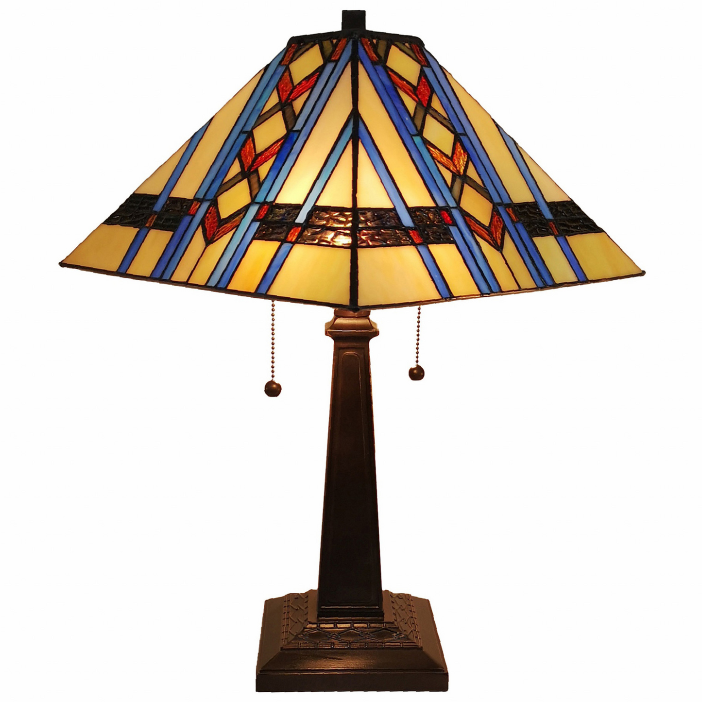 23" Amber Brown and Blue Stained Glass Two Light Mission Style Table Lamp