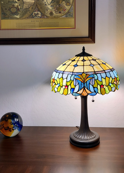 23" Stained Glass Two Light Jeweled Floral Accent Table Lamp