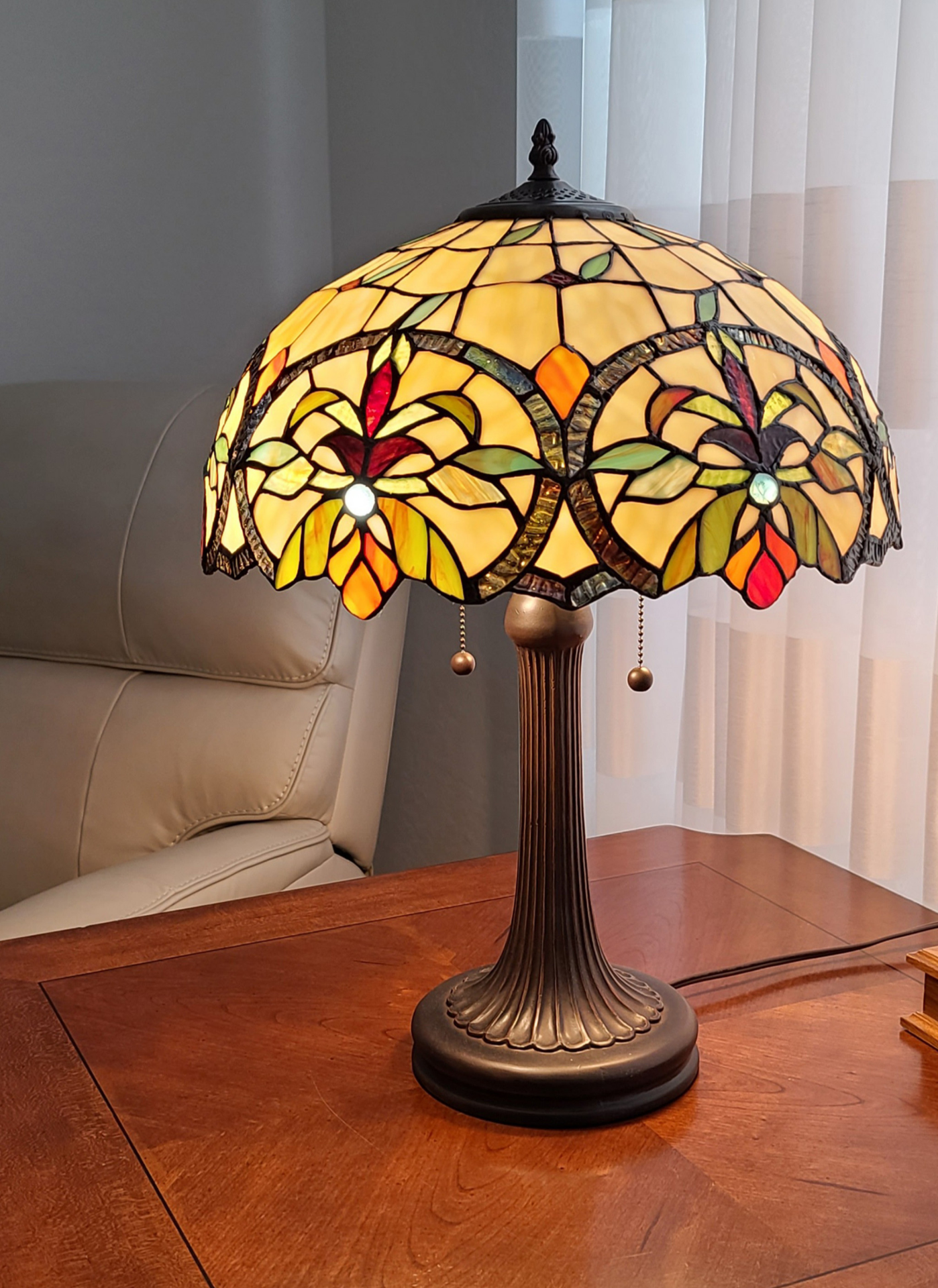 23" Stained Glass Two Light Jeweled Floral Table Lamp