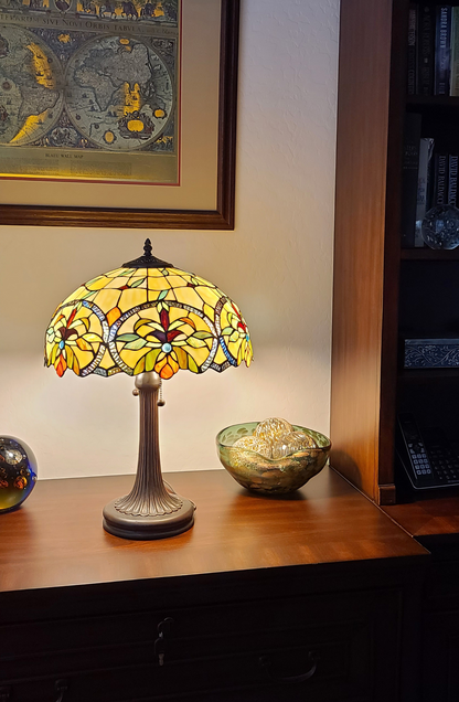 23" Stained Glass Two Light Jeweled Floral Table Lamp