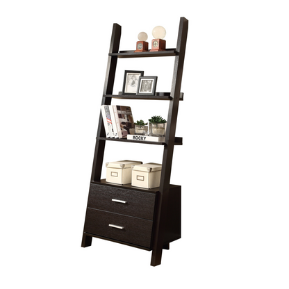 69" Cappuccino Particle Board Ladder Bookcase With Two Storage Drawers