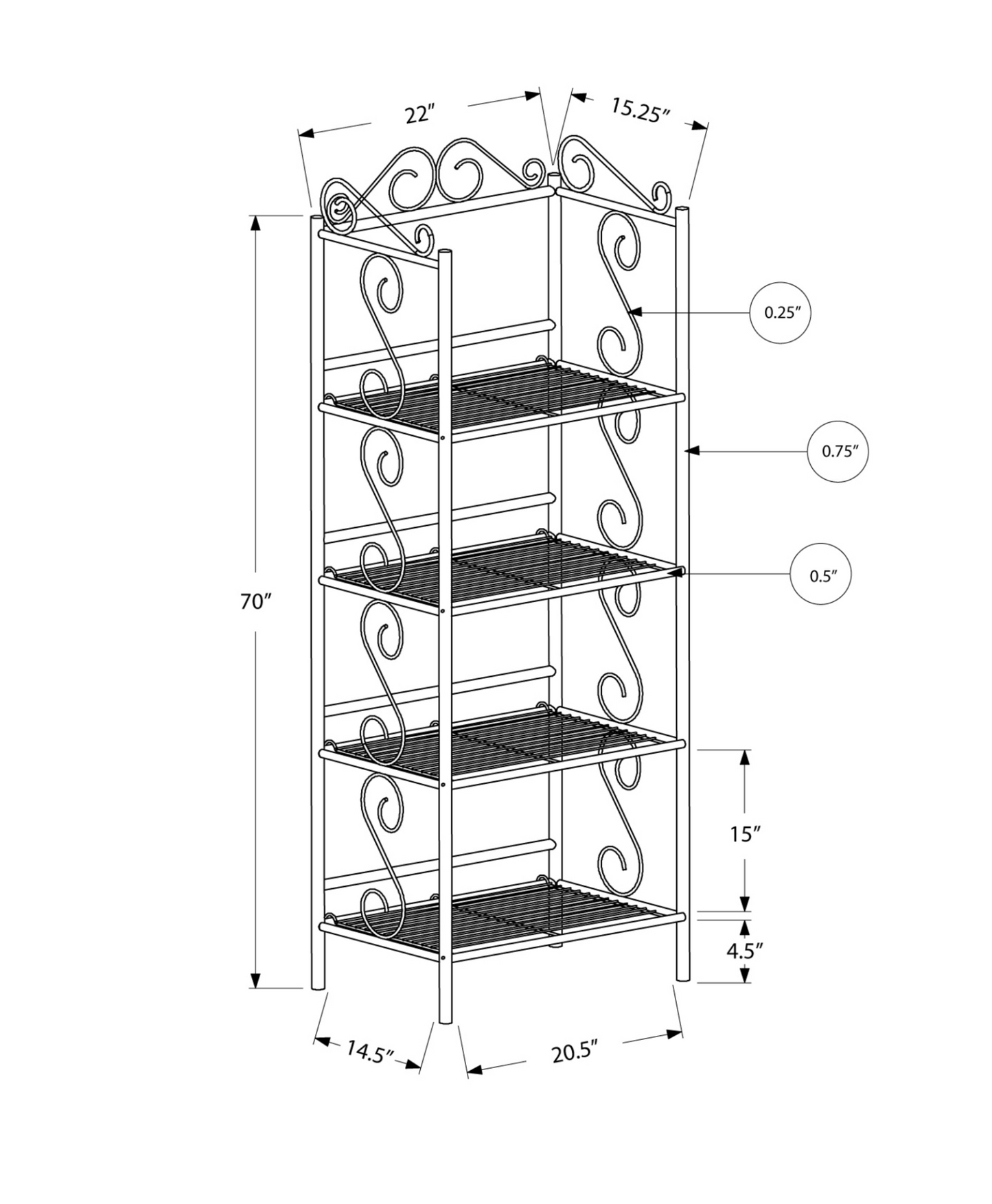 15.25" X 22" X 70" Brown Metal Shelf  Bookcase