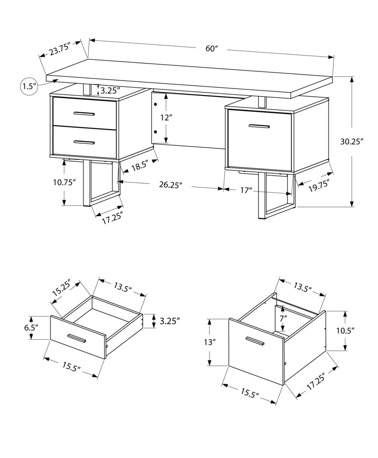 24" White Rectangular Computer Desk With Three Drawers