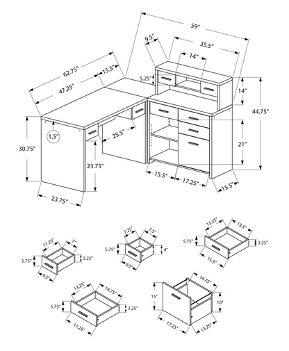 59" White L-Shape Computer Desk With 8 Drawers