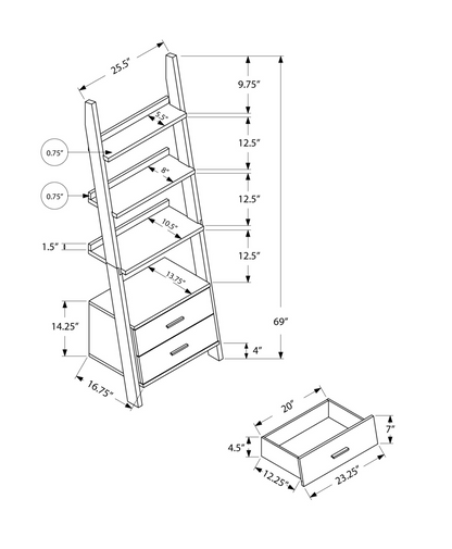 16.75" X 25.5" X 69" White Particle Board Hollow Core  Bookcase With 2 Storage Drawers