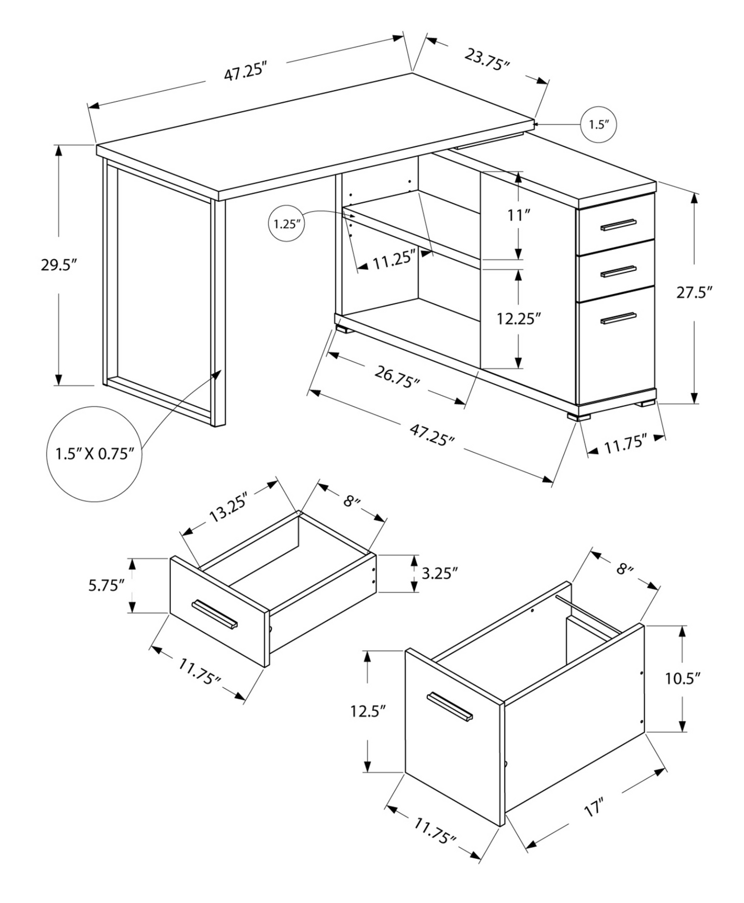 47" White L-Shape Computer Desk With Three Drawers