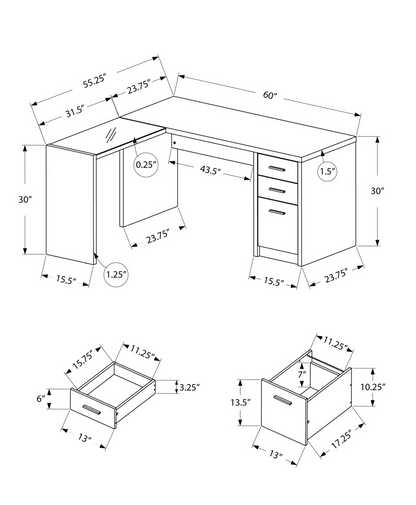 55" White L-Shape Computer Desk With Three Drawers