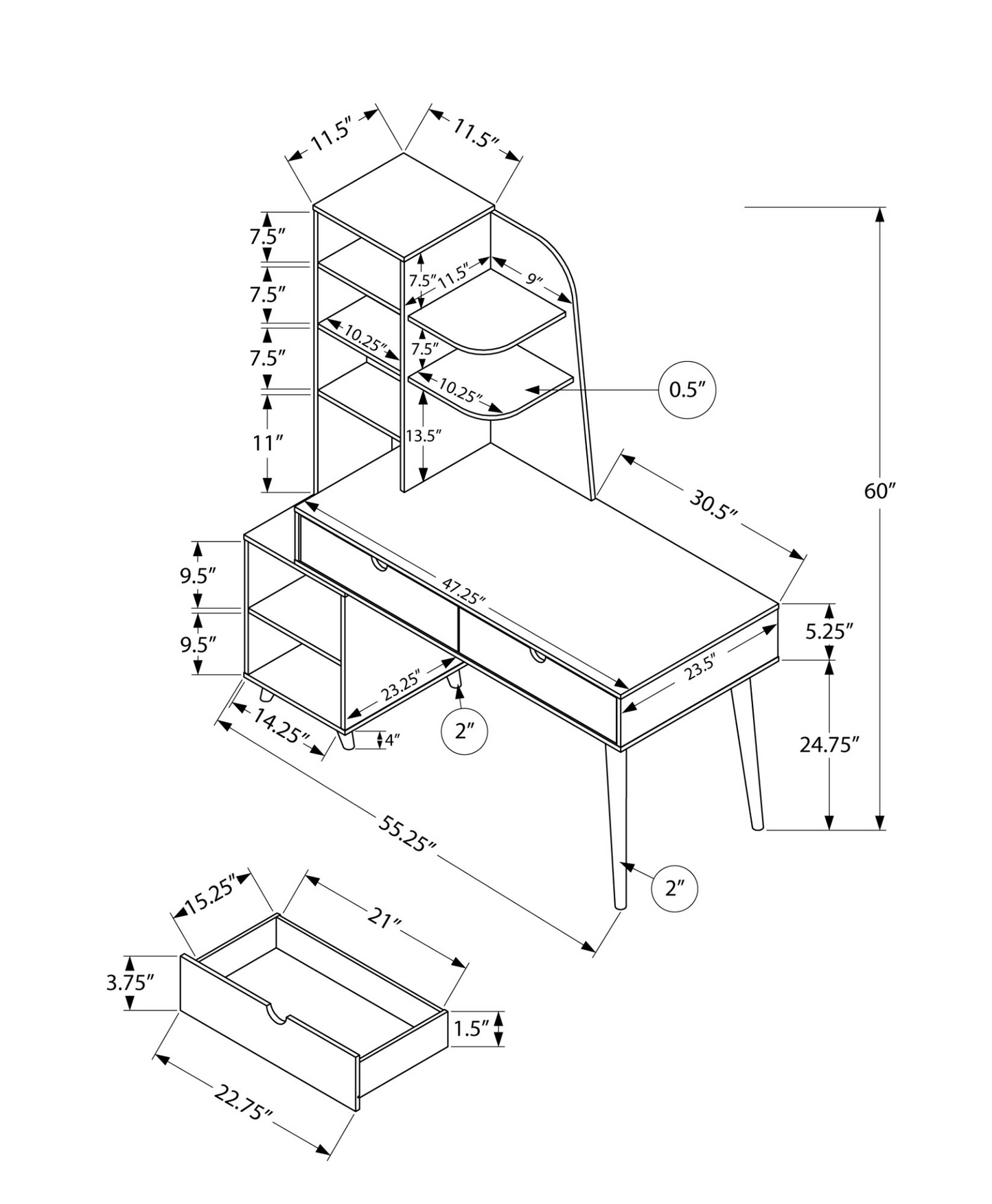 55" Espresso Computer Desk With Bookcase