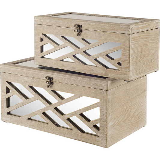 "Set Of Two (Off White) Mirrored Wooden Boxes"