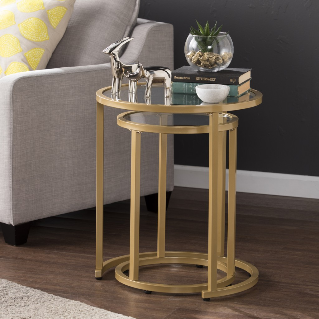 Set Of Two 23" Gold Glass And Steel Round Nested Tables