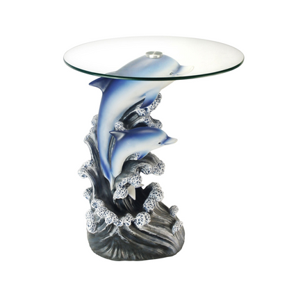 24" Blue And Clear Glass Polyresin Dolphins Round End Table