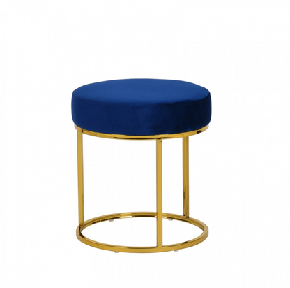 Compact Blue Velvet And Gold Round Ottoman