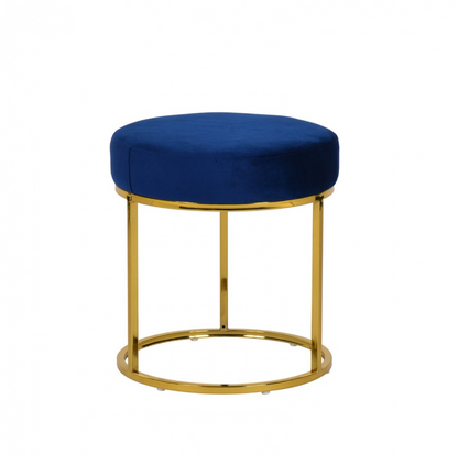 Compact Blue Velvet And Gold Round Ottoman