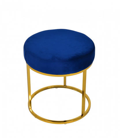 Compact Blue Velvet And Gold Round Ottoman