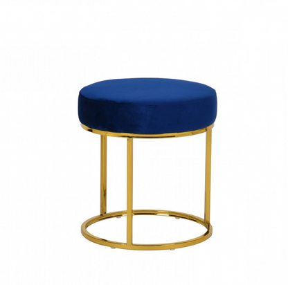 Compact Blue Velvet And Gold Round Ottoman