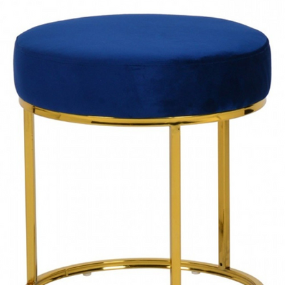 Compact Blue Velvet And Gold Round Ottoman