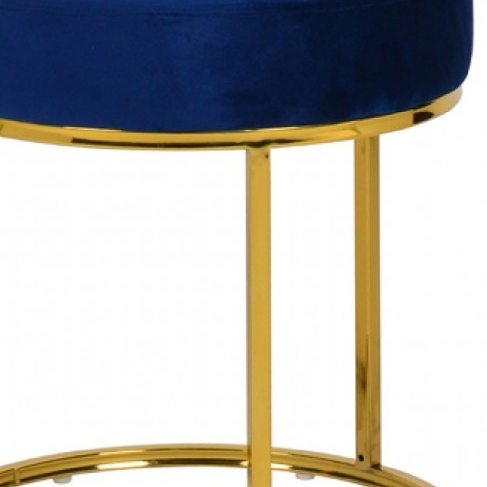 Compact Blue Velvet And Gold Round Ottoman