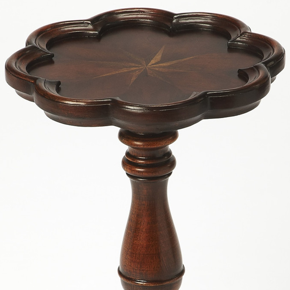 20" Dark Brown And Cherry Wood Floral Top End Table