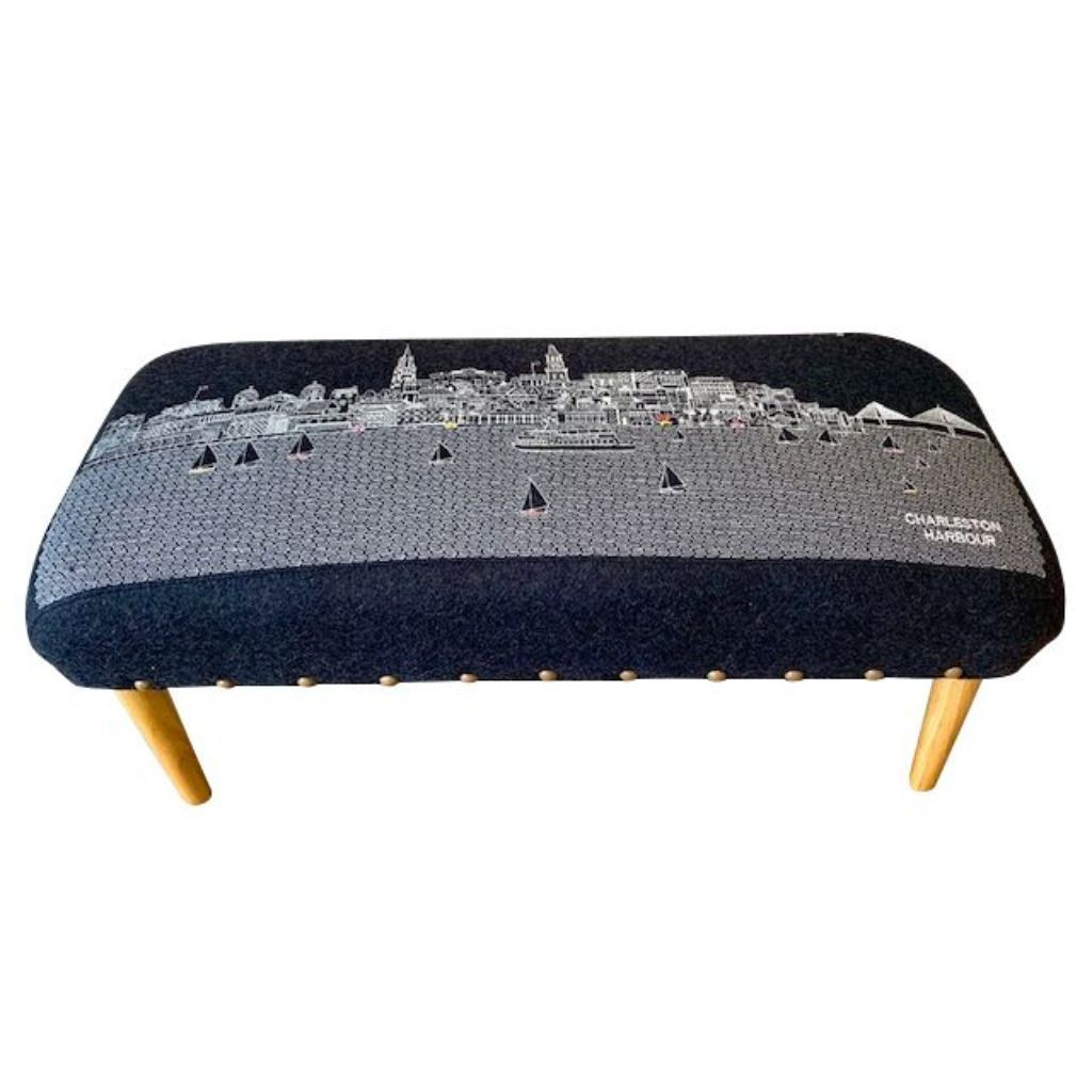 38" Black Breckenridge Nighttime Skyline Embroidered Ottoman