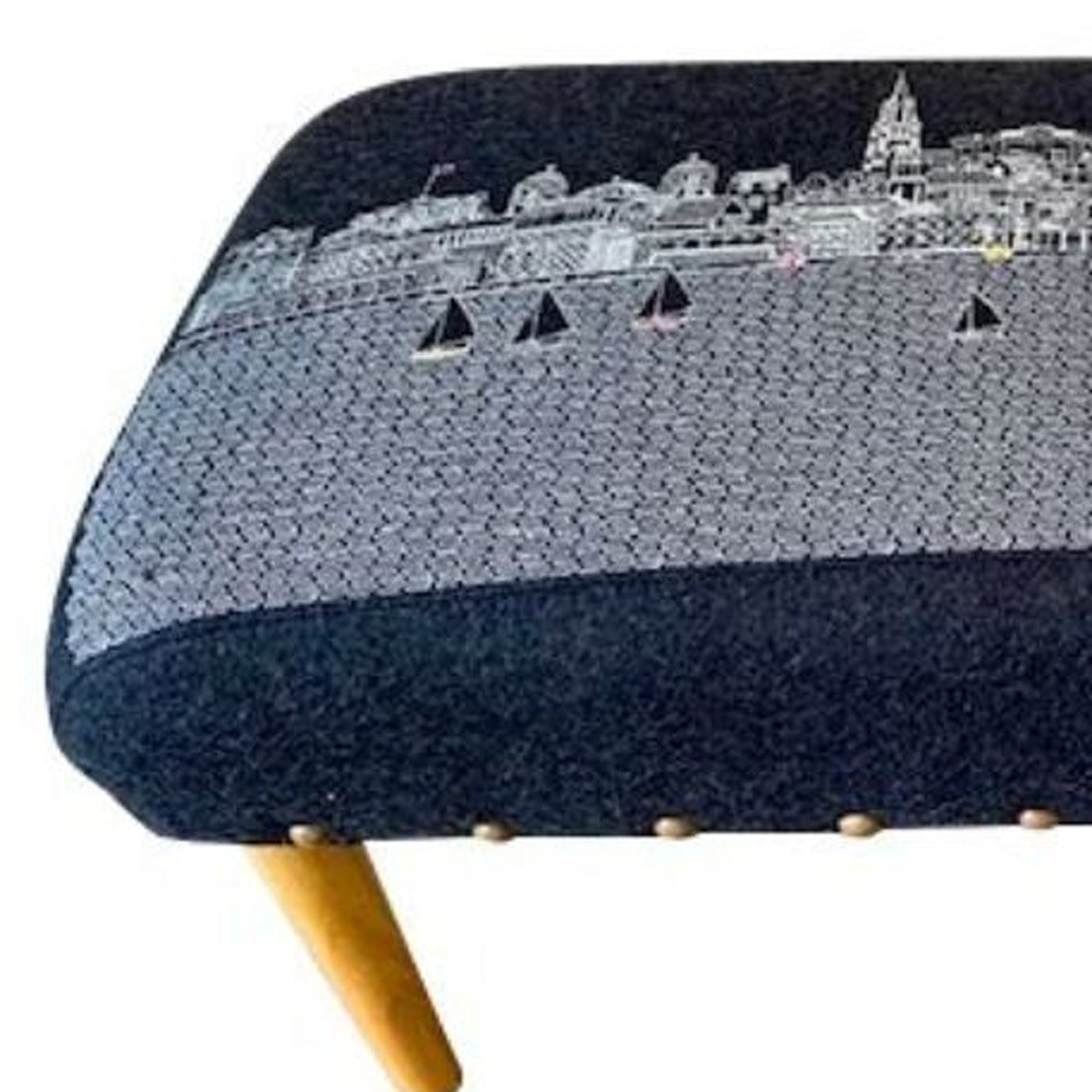 38" Black Breckenridge Nighttime Skyline Embroidered Ottoman