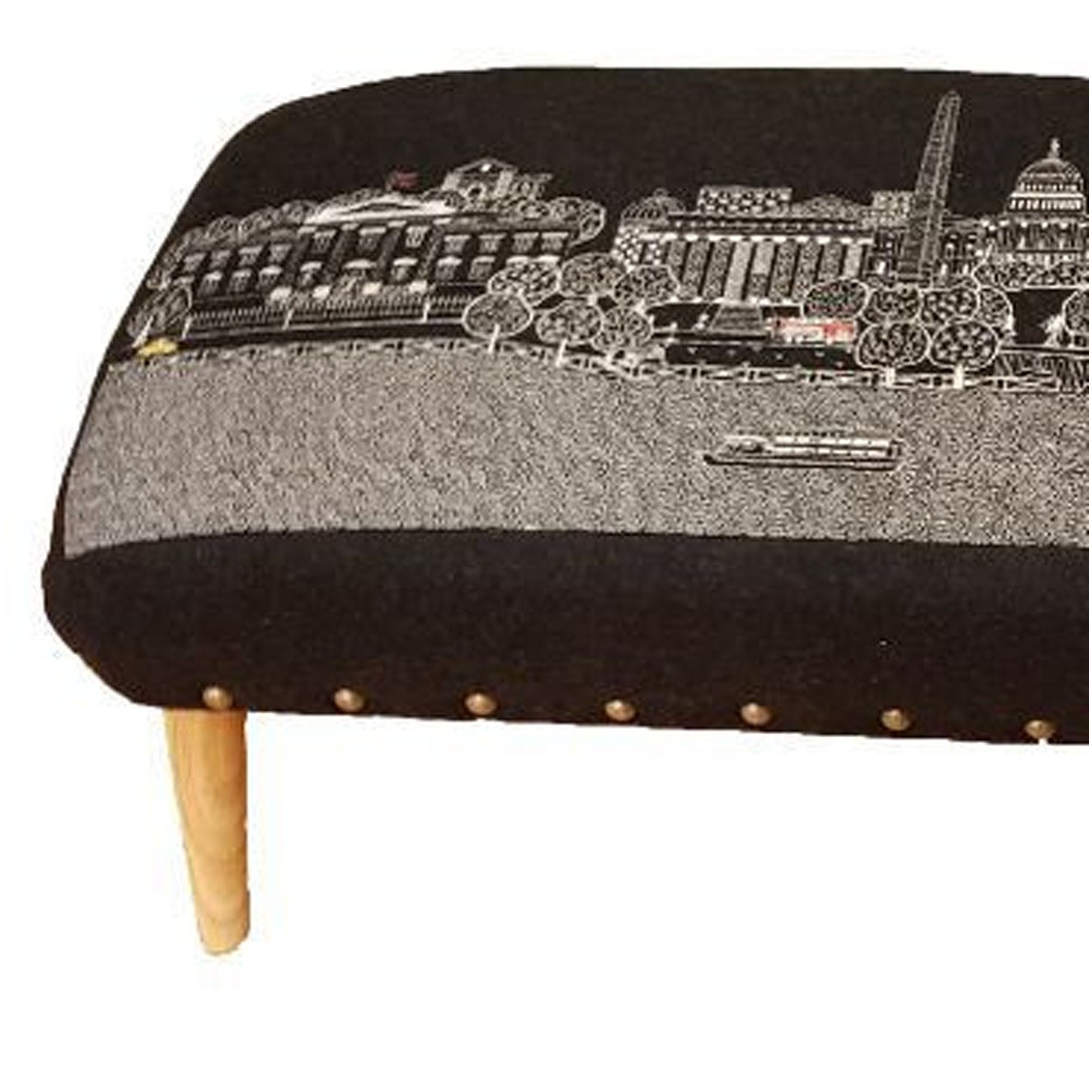 38" Black Washington DC Nighttime Skyline Embroidered Ottoman