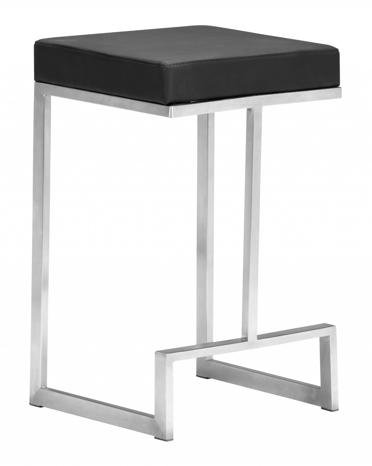 Set of Two Black Faux Leather and Stainless Geometric Backless Counter Stools