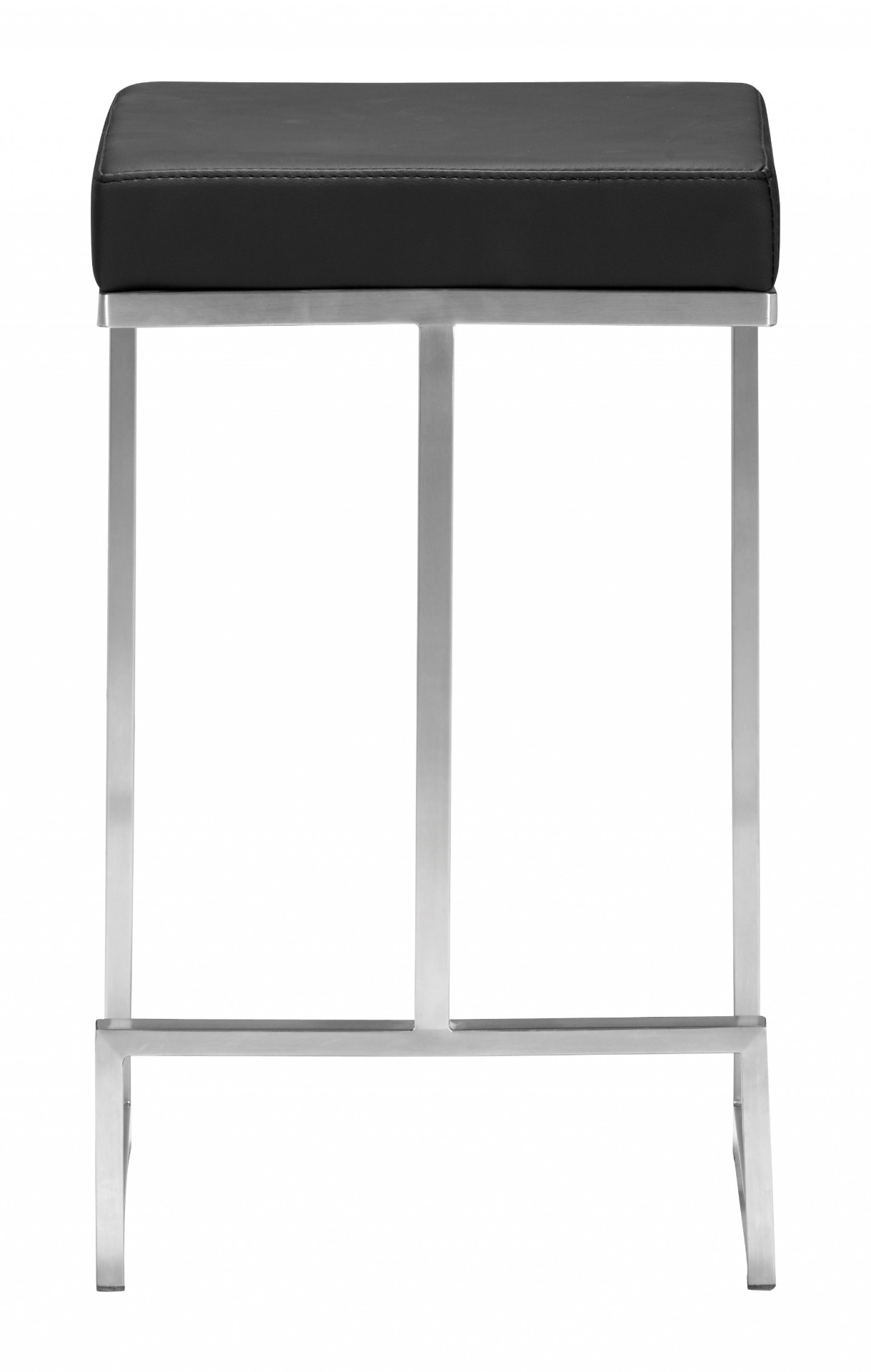 Set of Two Black Faux Leather and Stainless Geometric Backless Counter Stools