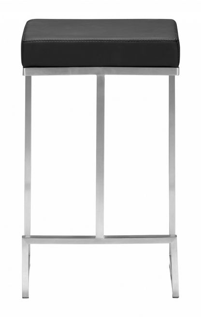 Set of Two Black Faux Leather and Stainless Geometric Backless Counter Stools