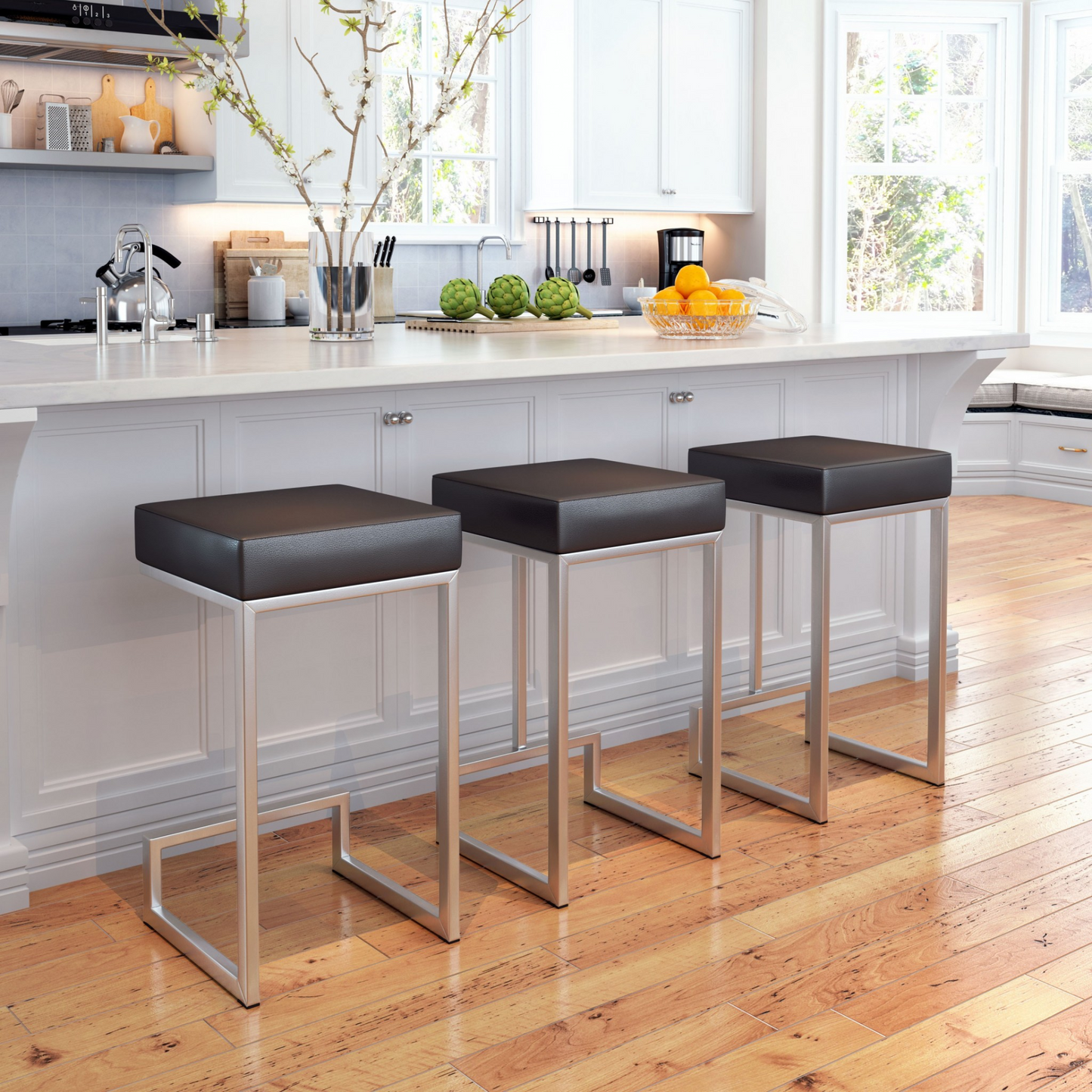 Set of Two Black Faux Leather and Stainless Geometric Backless Counter Stools