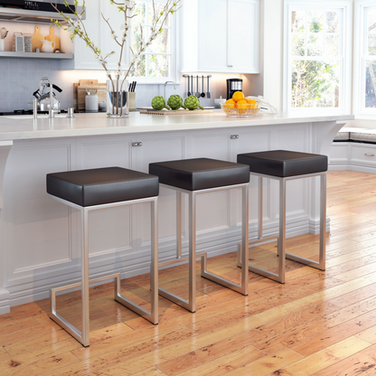 Set of Two Black Faux Leather and Stainless Geometric Backless Counter Stools