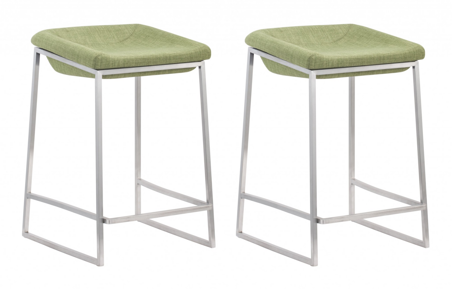 Set of Two Heathered Green and Stainless Indented Counter Stools