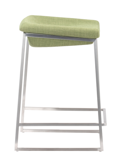 Set of Two Heathered Green and Stainless Indented Counter Stools