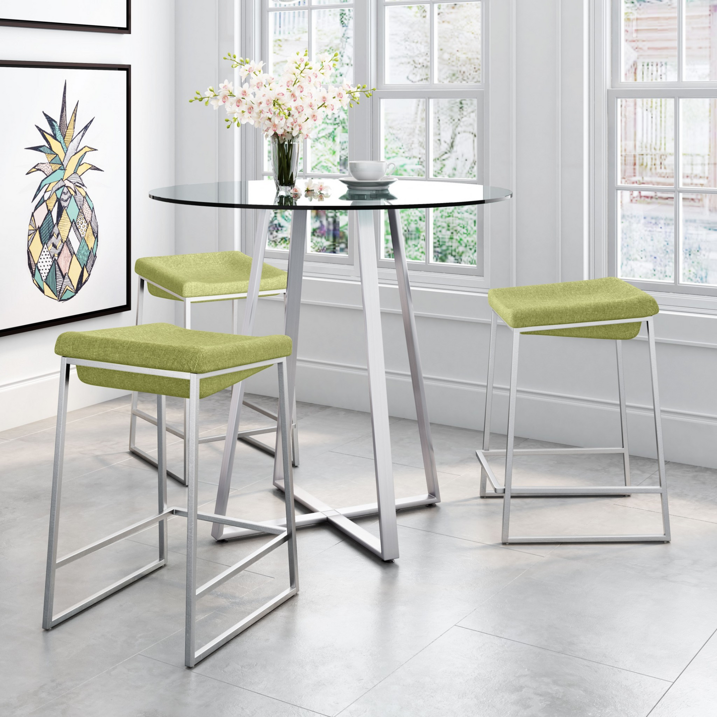 Set of Two Heathered Green and Stainless Indented Counter Stools